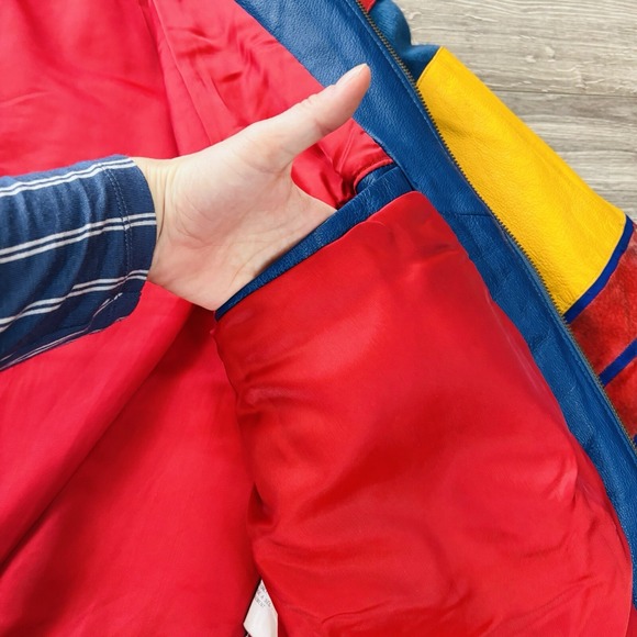 Vintage Cirque du Soleil Color Block Leather Coat Jacket Circa 1993 Size Large - Picture 13 of 16